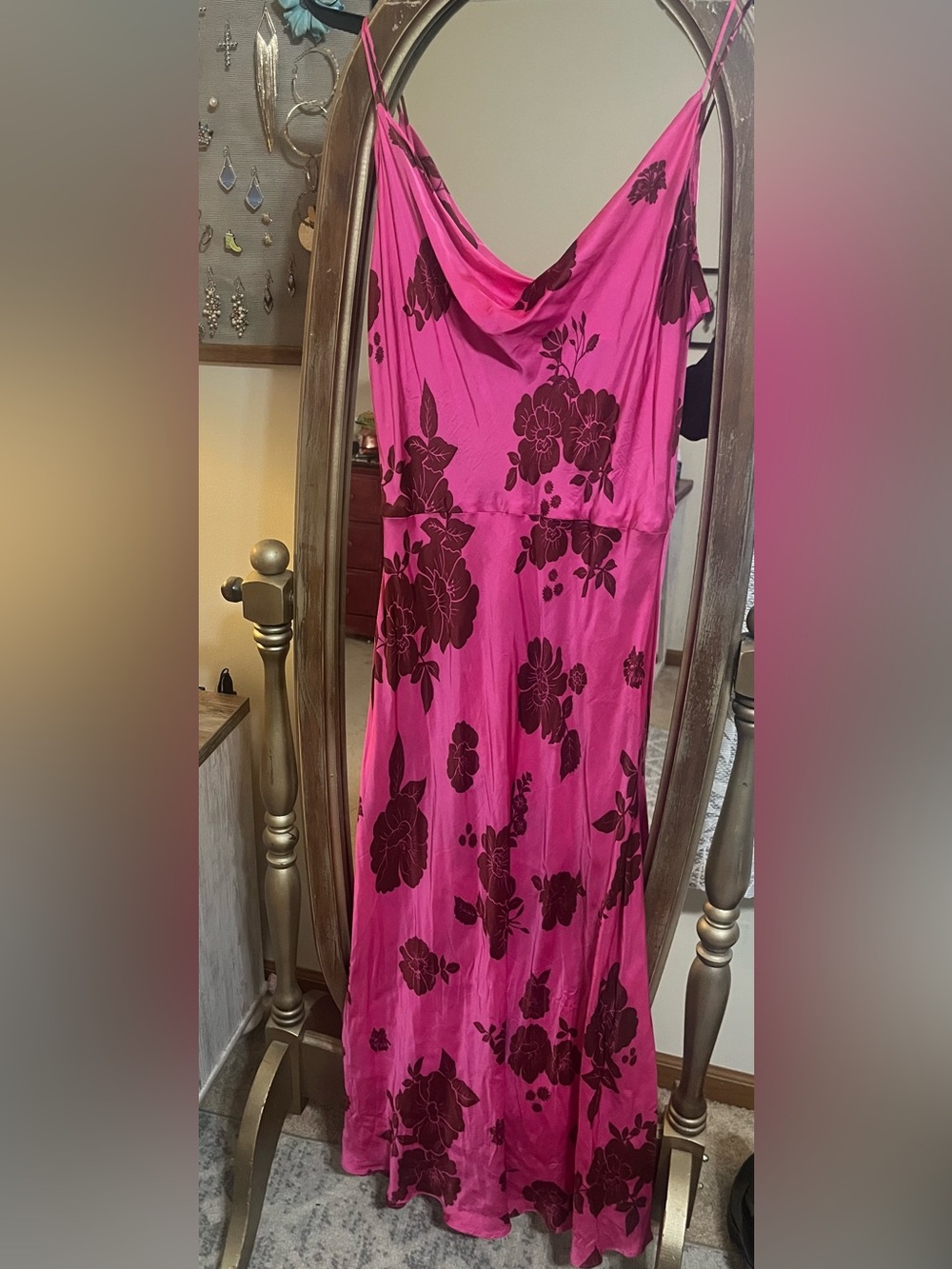Zara Hot Pink Maxi Dress with Dark Floral Print